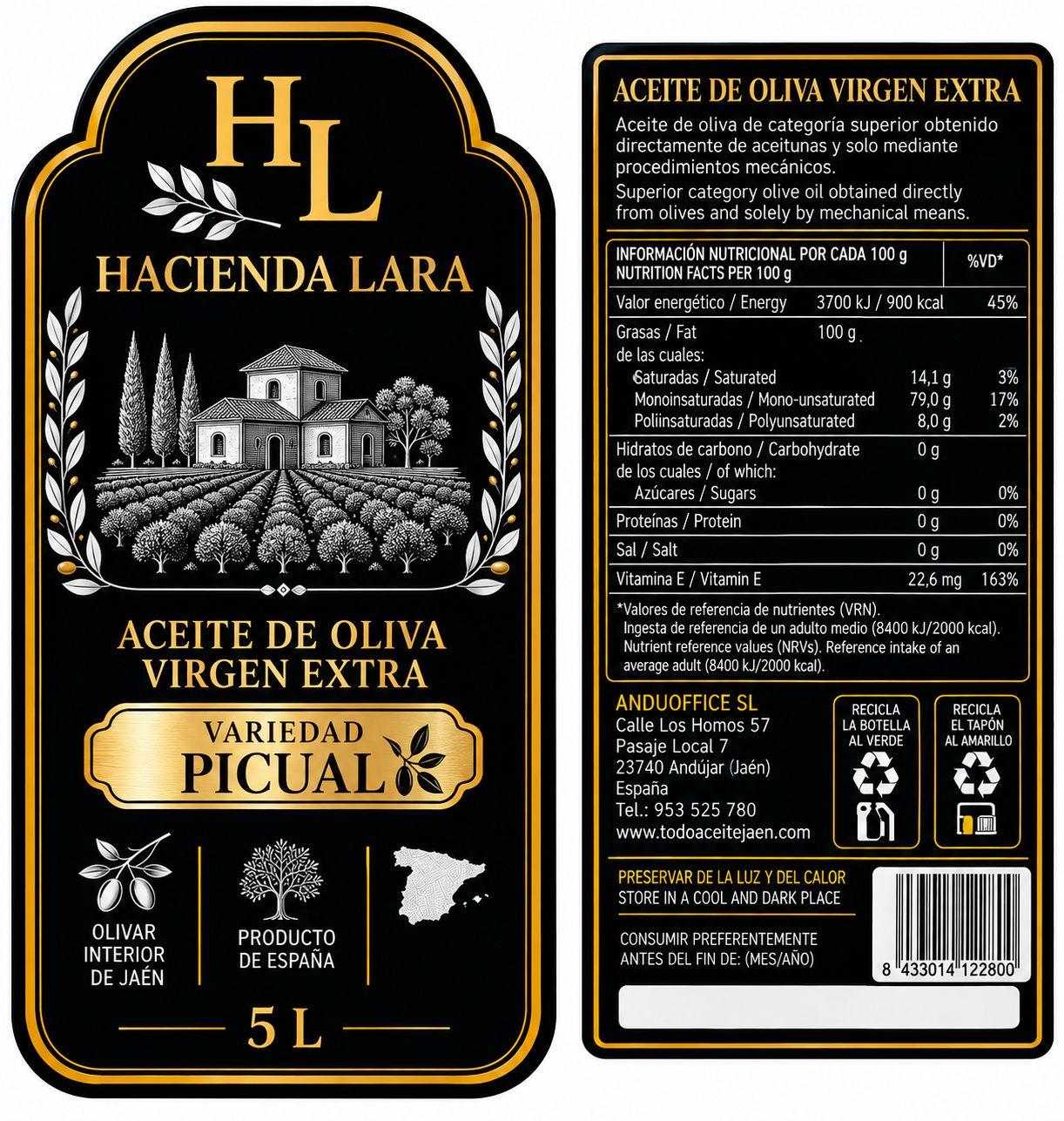 Garrafa Aceite de Oliva Virgen Extra Picual Hacienda Lara (PET 5L) NUEVA CAMPAÑA 26-27 - Imagen 3